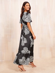 Friends Like These Black Floral Flutter Sleeve Printed Satin Midi Summer Dress - Image 2 of 3