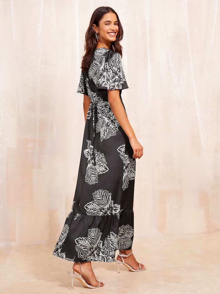 Friends Like These Black Floral Flutter Sleeve Printed Satin Midi Summer Dress - Image 2 of 3