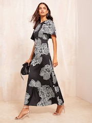 Friends Like These Black Floral Flutter Sleeve Printed Satin Midi Summer Dress - Image 3 of 3