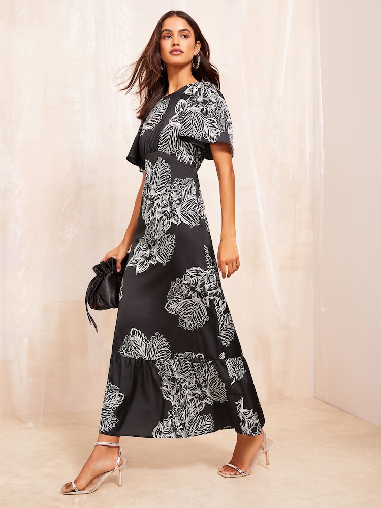 Friends Like These Black Floral Flutter Sleeve Printed Satin Midi Summer Dress - Image 3 of 3