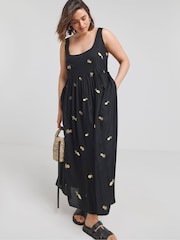 Simply Be Black Poplin Pineapple Embroidered Midi Dress - Image 1 of 4