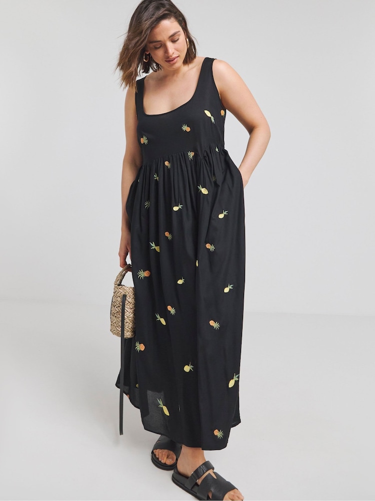 Simply Be Black Poplin Pineapple Embroidered Midi Dress - Image 1 of 4