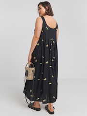 Simply Be Black Poplin Pineapple Embroidered Midi Dress - Image 2 of 4