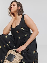 Simply Be Black Poplin Pineapple Embroidered Midi Dress - Image 3 of 4