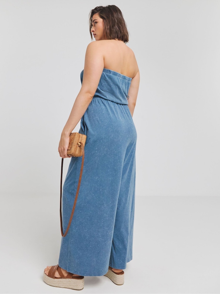 Simply Be Blue Acid Wash Jersey Bandeau 100% Cotton Jumpsuit - Image 2 of 5