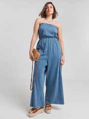 Simply Be Blue Acid Wash Jersey Bandeau 100% Cotton Jumpsuit - Image 3 of 5