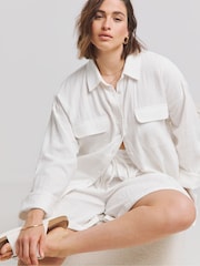 Simply Be White Cheesecloth Double Pocket Oversized 100% Cotton Shirt - Image 1 of 4