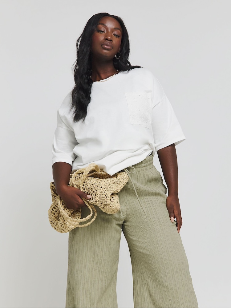 Simply Be White Broderie Pocket 100% Cotton T-Shirt - Image 1 of 4 Simply Be White Broderie Pocket 100% Cotton T-Shirt - Image 1 of 4
