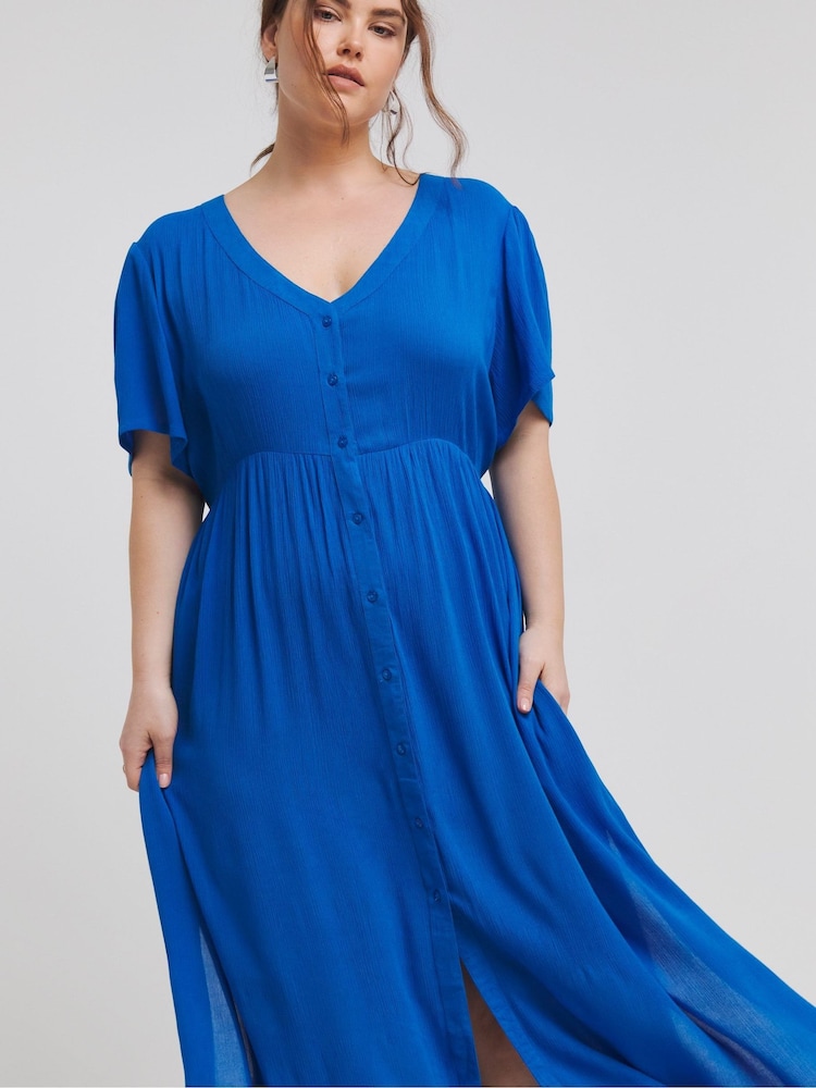 Simply Be Blue Crinkle Button up Maxi Dress - Image 1 of 4
