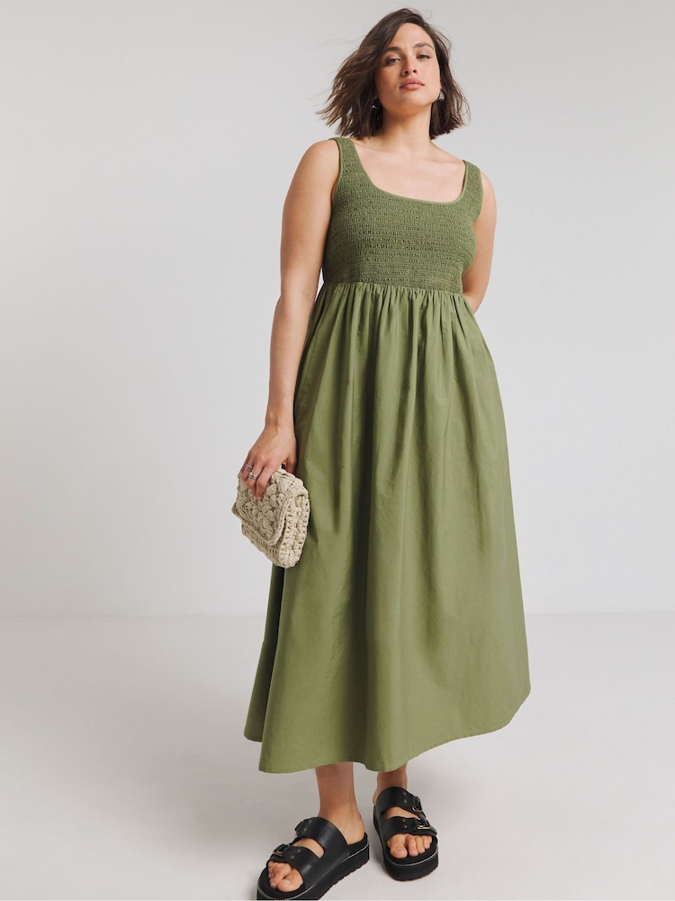 Simply Be Green Shirred Poplin Apron 100% Cotton Dress - Image 1 of 4