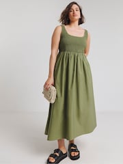 Simply Be Green Shirred Poplin Apron 100% Cotton Dress - Image 3 of 4