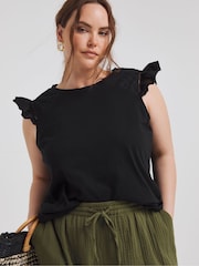 Simply Be Black Broderie Frill Sleeve with Ladder Trim 100% Cotton T-Shirt - Image 1 of 4