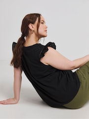 Simply Be Black Broderie Frill Sleeve with Ladder Trim 100% Cotton T-Shirt - Image 2 of 4