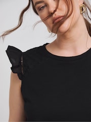Simply Be Black Broderie Frill Sleeve with Ladder Trim 100% Cotton T-Shirt - Image 4 of 4
