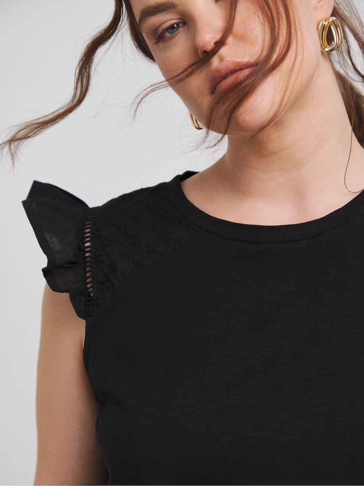 Simply Be Black Broderie Frill Sleeve with Ladder Trim 100% Cotton T-Shirt - Image 4 of 4