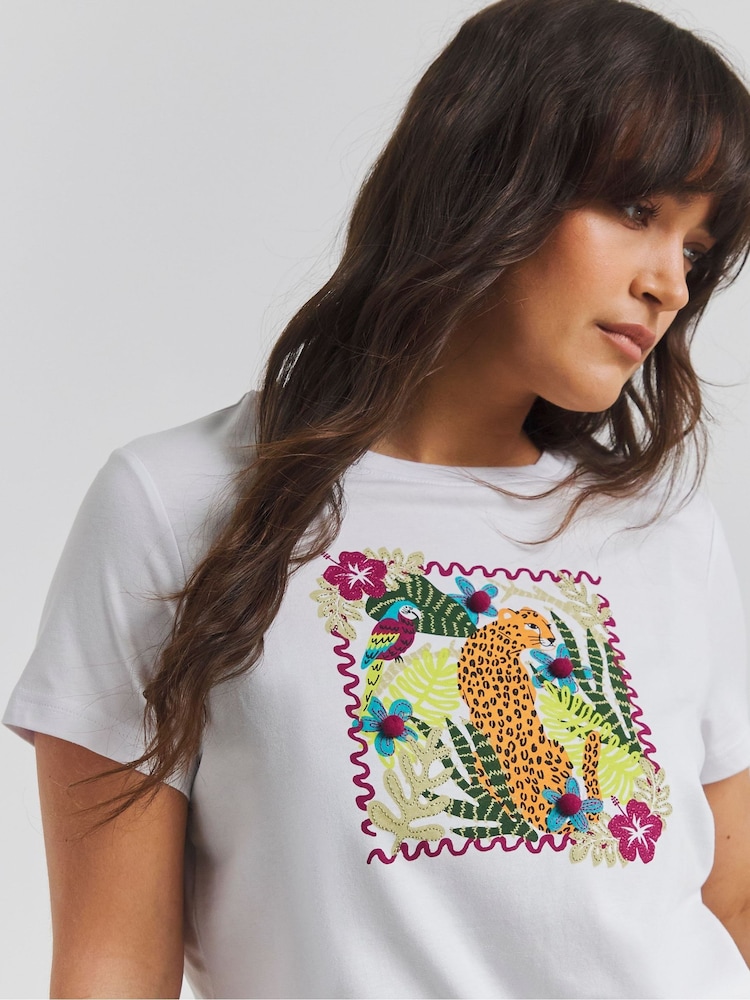 Simply Be White Cheetah Embellished T-Shirt With Linen - Image 1 of 4