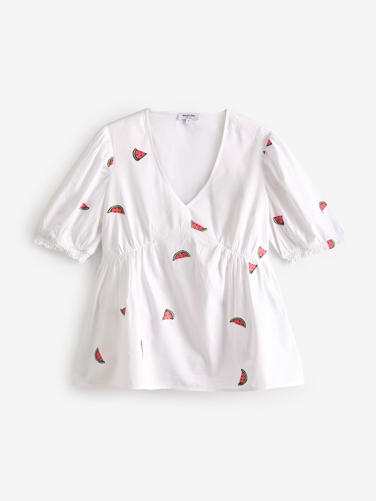 Simply Be Embroidered V-Neck Poplin Puff Sleeve Blouse - Bild 5 von 5