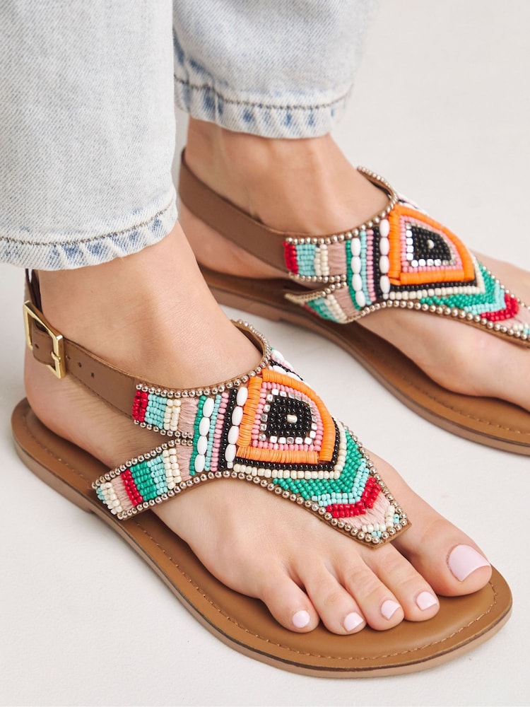 Simply Be Multi Extra Wide Fit Beaded Toe Post Flat Sandals - Image 1 of 4 Simply Be Multi Extra Wide Fit Beaded Toe Post Flat Sandals - Image 1 of 4