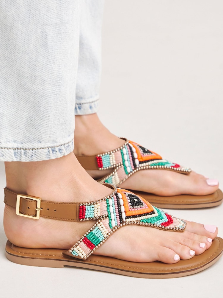 Simply Be Multi Extra Wide Fit Beaded Toe Post Flat Sandals - Image 4 of 4