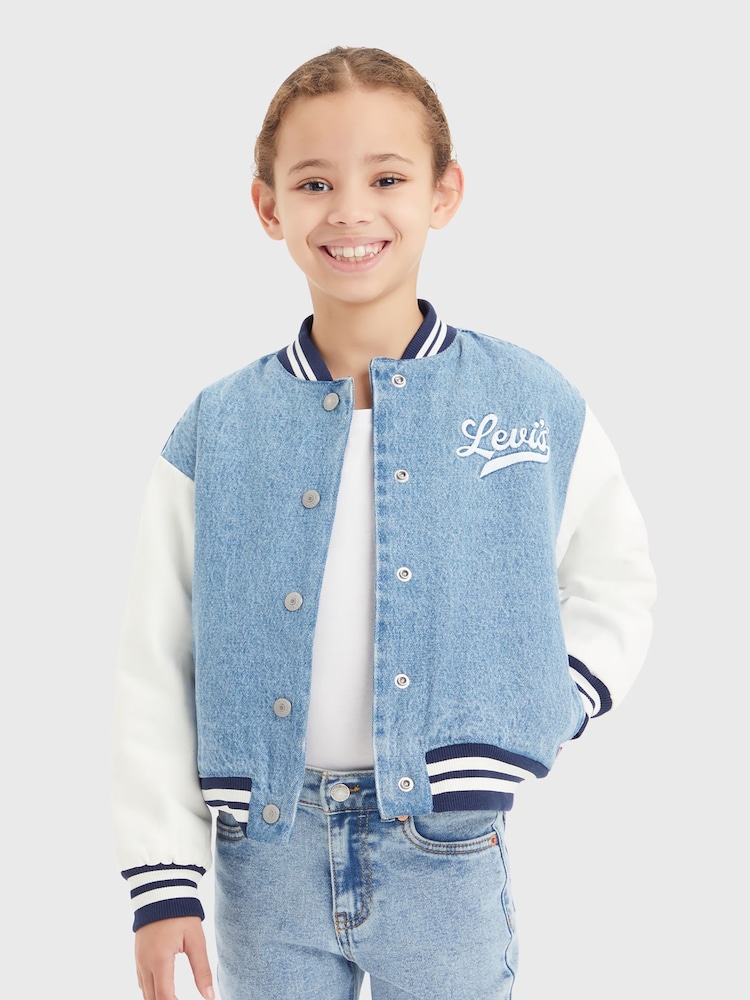 Levi's® Blue 100% Cotton Varsity Denim Logo Bomber Jacket With Tipping Detail - Image 1 of 7
