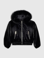 River Island Black Fur Padded Bomber Jacket - Image 1 of 4