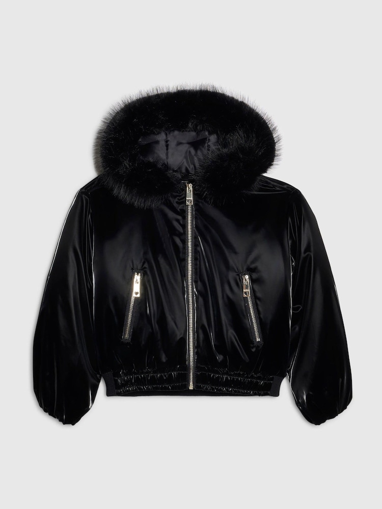 River Island Black Fur Padded Bomber Jacket - Image 1 of 4