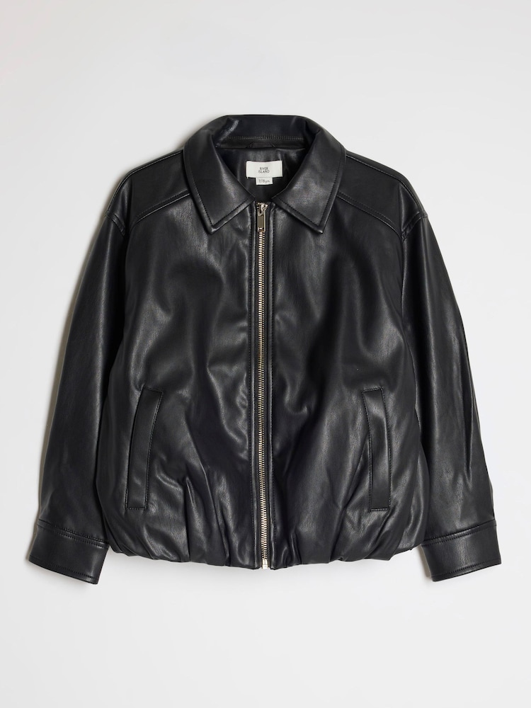 River Island Black Faux Leather Bubble Hem Bomber Jacket - Image 1 of 4