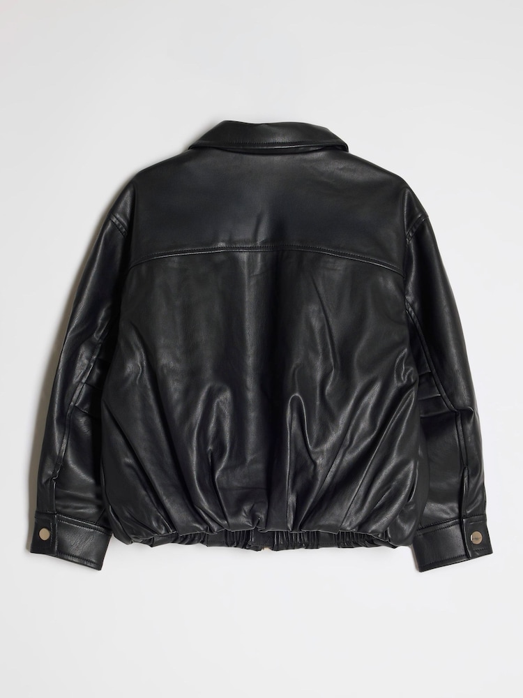 River Island Black Faux Leather Bubble Hem Bomber Jacket - Image 2 of 4