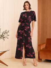 Love & Roses Black Floral Petite Ruched Flutter Sleeve Midi Dress - Image 1 of 4
