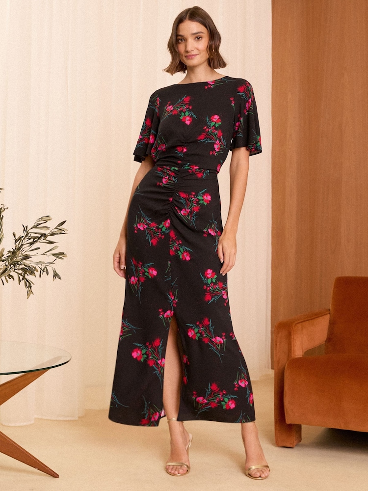 Love & Roses Black Floral Petite Ruched Flutter Sleeve Midi Dress - Image 1 of 4