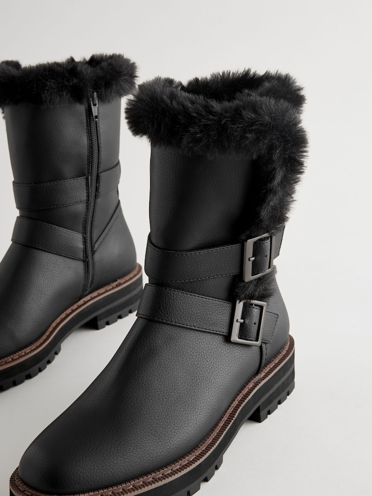 Black Forever Comfort® Faux Fur Double Buckle Ankle Boots - Image 3 of 5