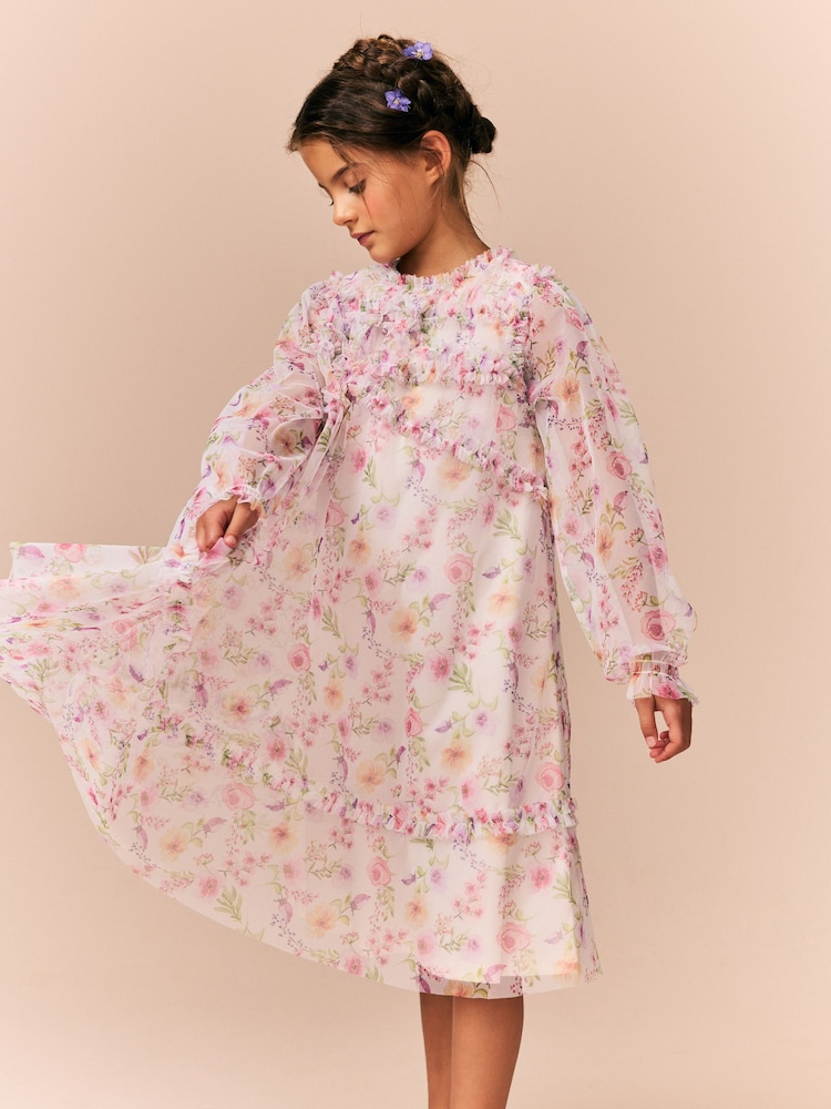 Pink Floral Long Sleeve Mesh Ruffle Occasion Dress (3-16yrs) - Image 1 of 10