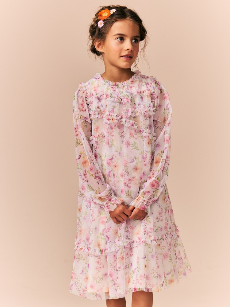 Pink Floral Long Sleeve Mesh Ruffle Occasion Dress (3-16yrs) - Image 2 of 10