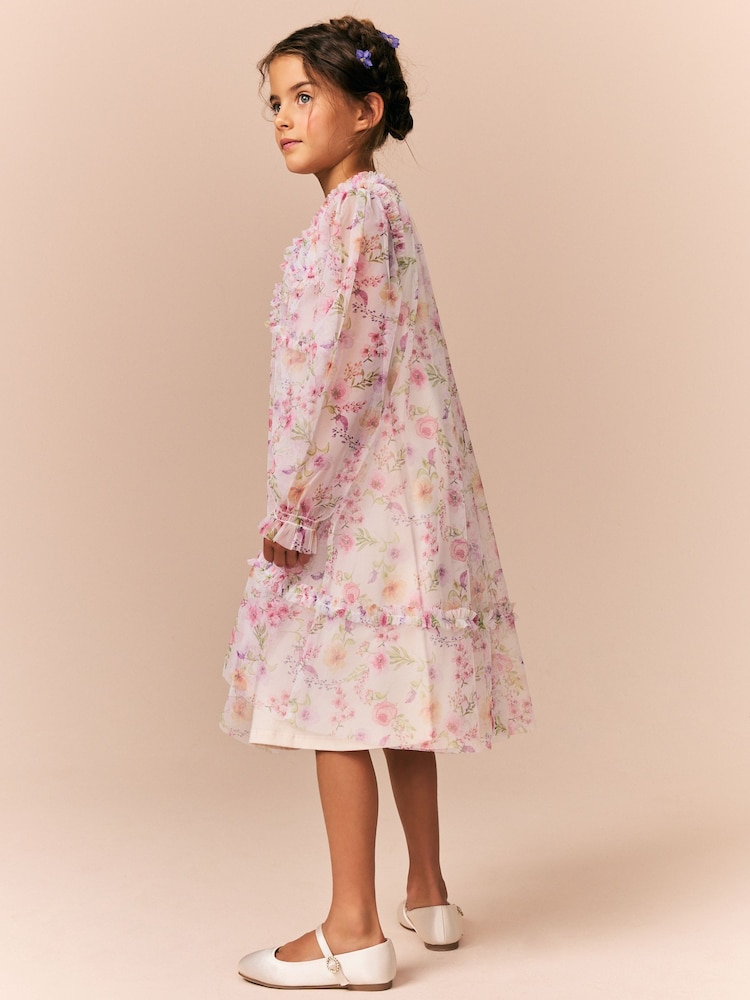 Pink Floral Long Sleeve Mesh Ruffle Occasion Dress (3-16yrs) - Image 3 of 10