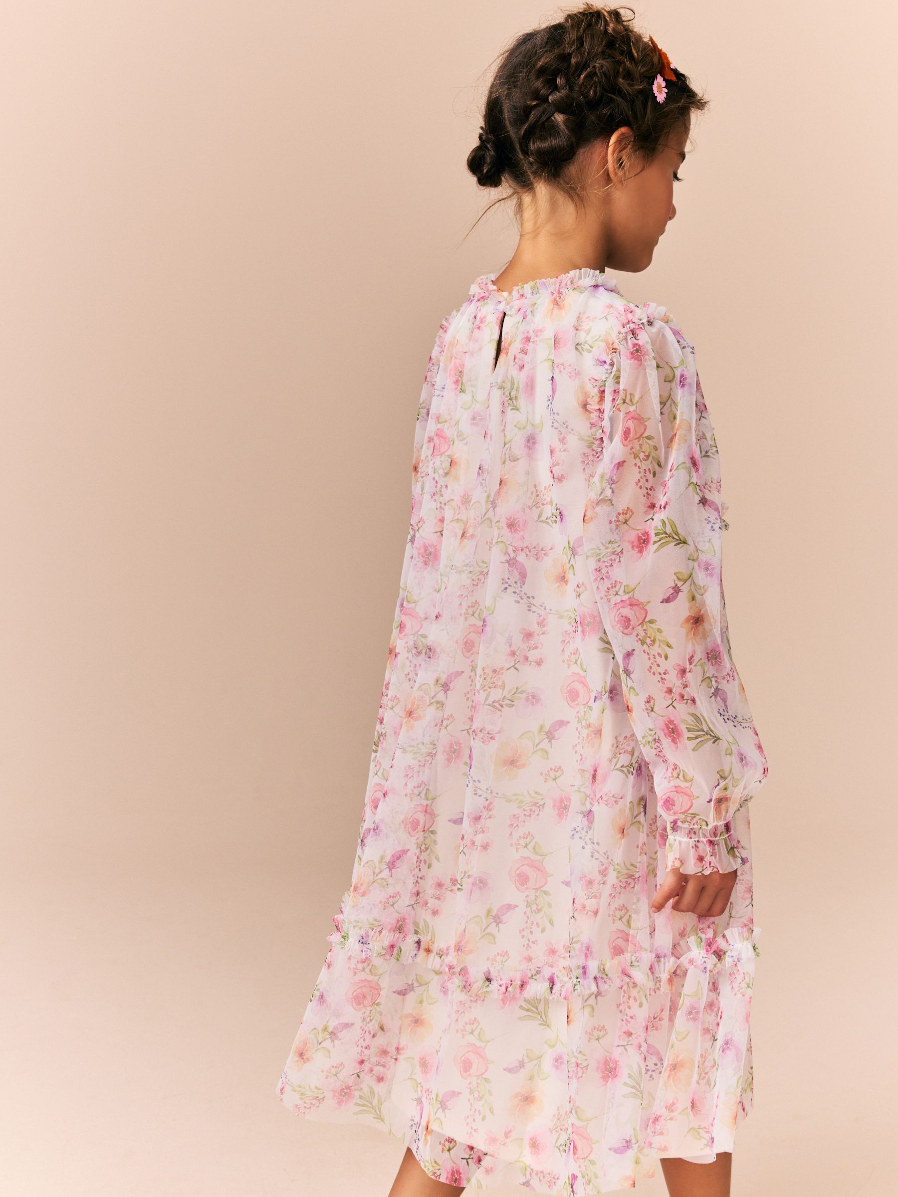 Buy Pink Floral Long Sleeve Mesh Ruffle Occasion Dress (3