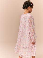 Pink Floral Long Sleeve Mesh Ruffle Occasion Dress (3-16yrs) - Image 5 of 10