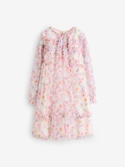 Pink Floral Long Sleeve Mesh Ruffle Occasion Dress (3-16yrs) - Image 7 of 10