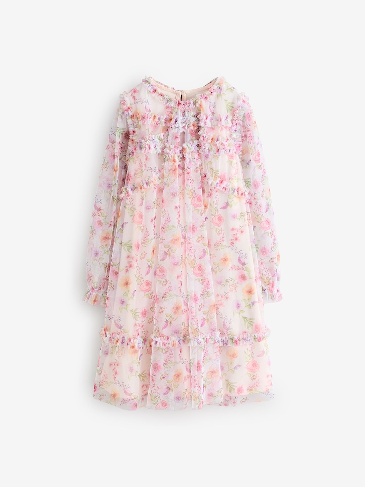 Pink Floral Long Sleeve Mesh Ruffle Occasion Dress (3-16yrs) - Image 7 of 10