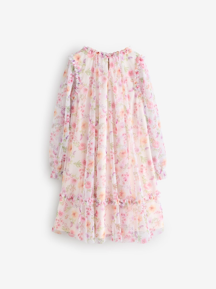 Pink Floral Long Sleeve Mesh Ruffle Occasion Dress (3-16yrs) - Image 8 of 10