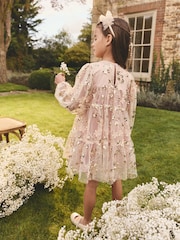 Pink/Gold Embroidered Sequin Long Sleeve Mesh Occasion Dress (4-14yrs) - Image 2 of 10