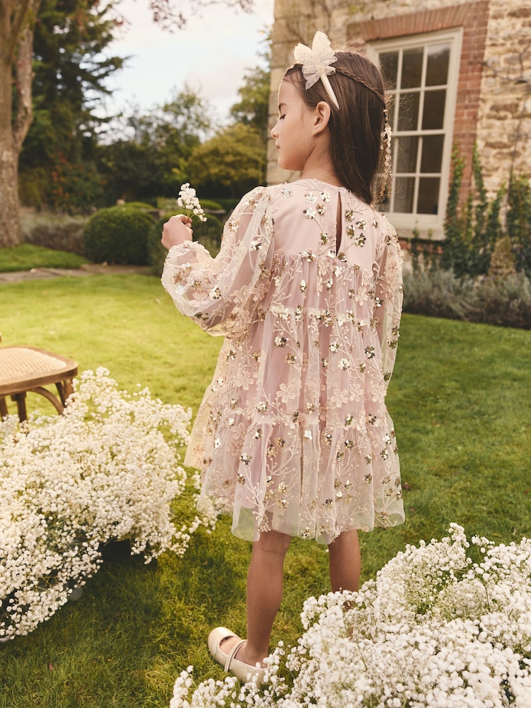 Pink/Gold Embroidered Sequin Long Sleeve Mesh Occasion Dress (4-14yrs) - Image 2 of 10