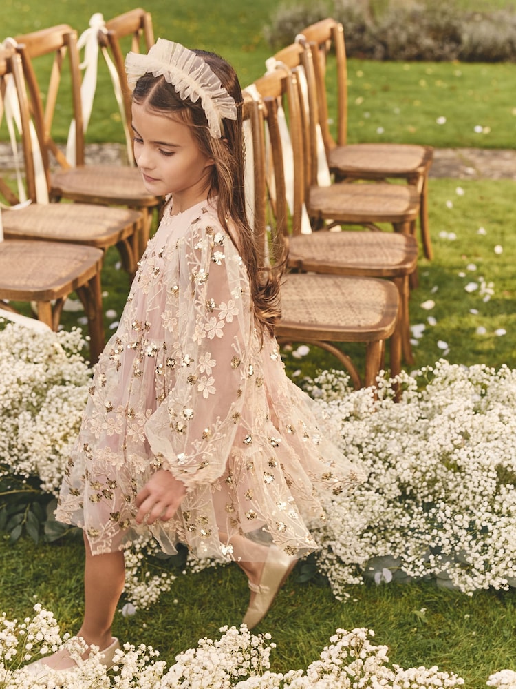 Buy Pink/Gold Embroidered Sequin Long Sleeve Mesh Occasion Dress (4-14yrs)  from Next USA