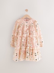Pink/Gold Embroidered Sequin Long Sleeve Mesh Occasion Dress (4-14yrs) - Image 7 of 10