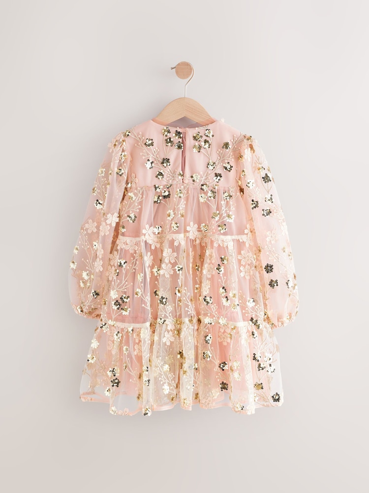 Buy Pink/Gold Embroidered Sequin Long Sleeve Mesh Occasion Dress