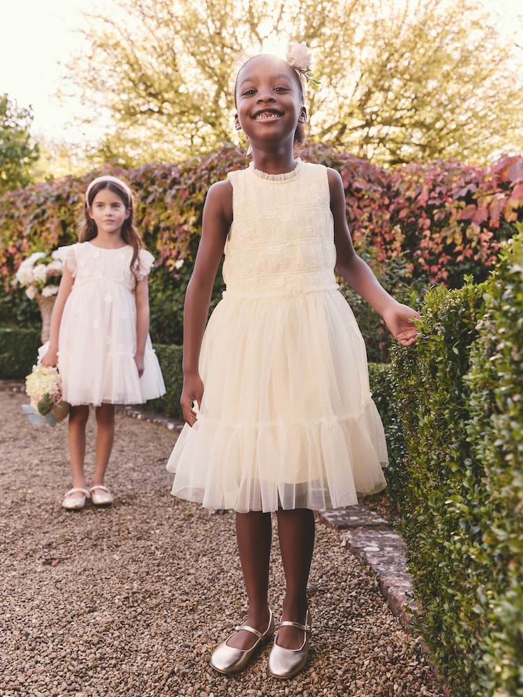 Ecru White Tiered Mesh & Lace Flower Girl Dress (3-16yrs) - Image 1 of 8
