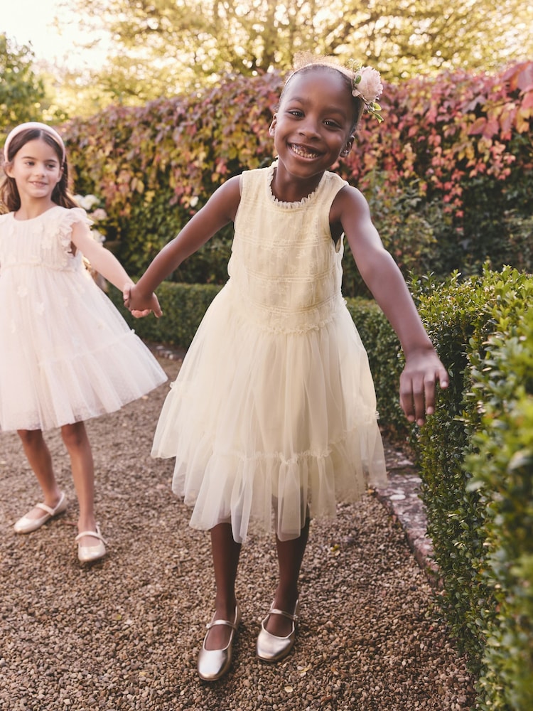Ecru White Tiered Mesh & Lace Flower Girl Dress (3-16yrs) - Image 2 of 8