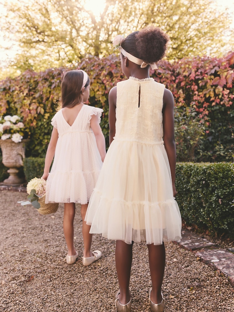 Ecru White Tiered Mesh & Lace Flower Girl Dress (3-16yrs) - Image 4 of 8