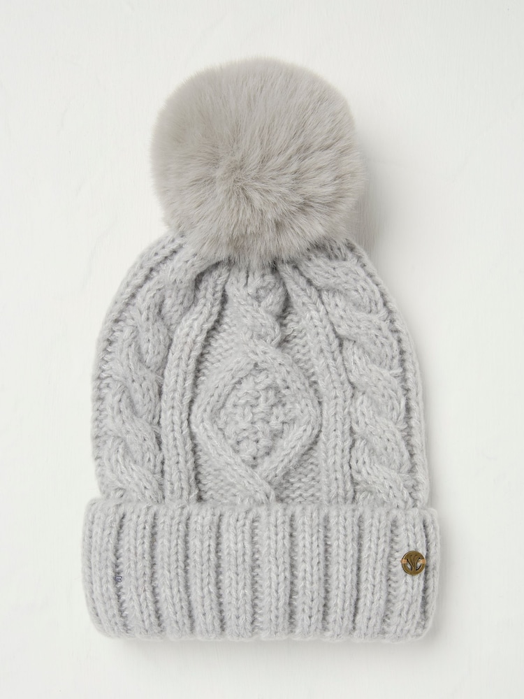 FatFace Grey Billie Cable Bobble Hat - Image 1 of 4
