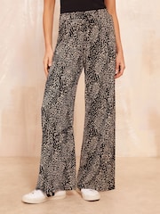 Friends Like These Camel Wide Leg Crinkle Jersey Printed Elasticated Waist Trousers - Image 1 of 4
