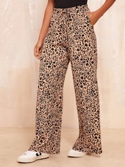 Friends Like These Brown Wide Leg Crinkle Jersey Printed Elasticated Waist Trousers - Image 1 of 4